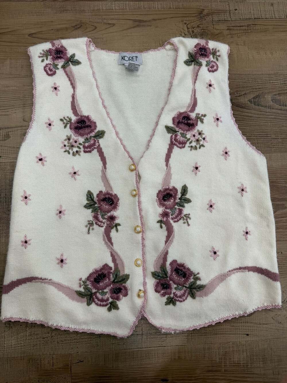 VTG Koret Sweater Vest White Floral Embroidered Pearl Button Grandma Cottagecore